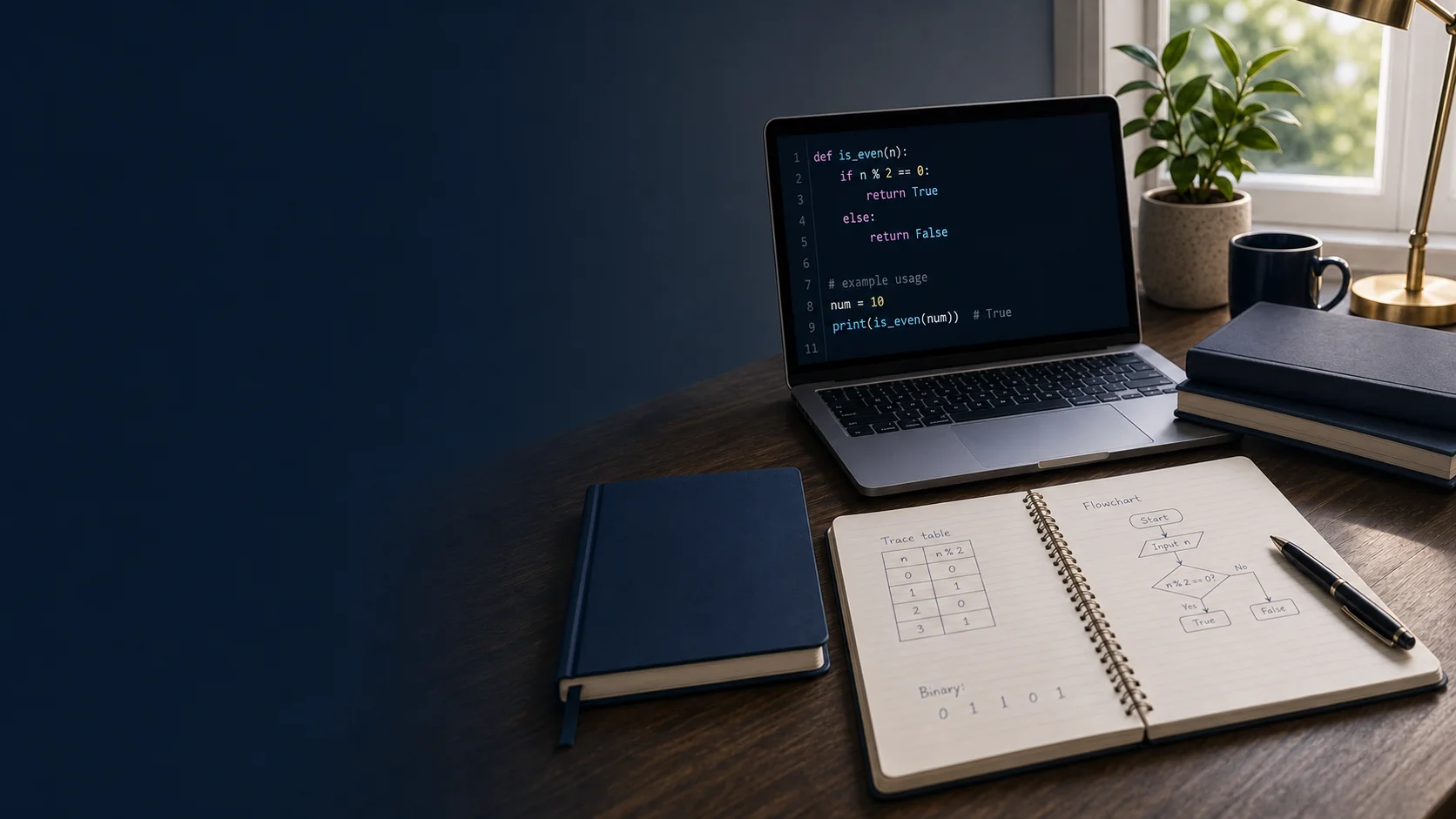 Calm home study with Python code on a laptop, a trace table and flowchart in a notebook, plain books, a plant and natural window light
